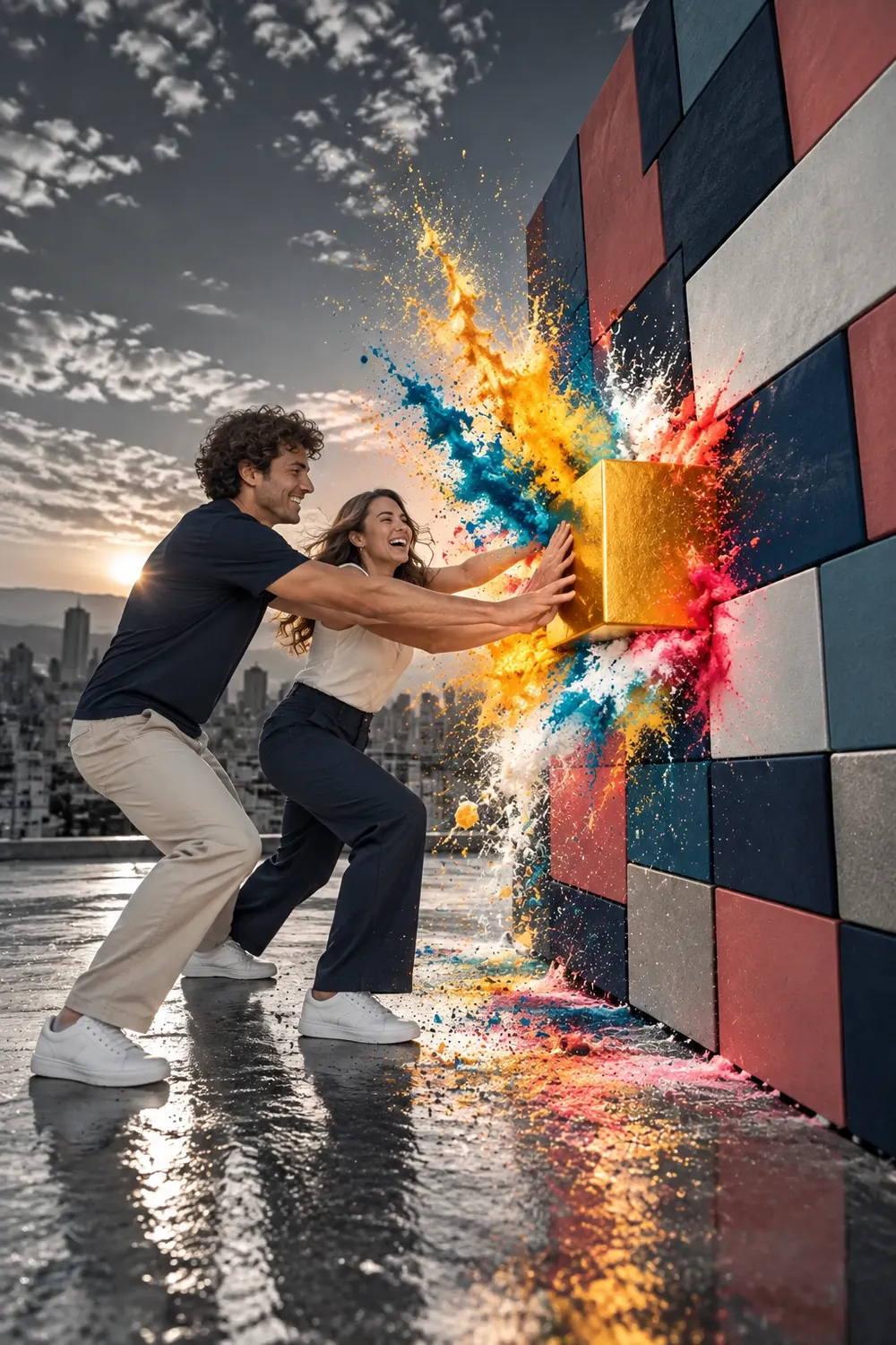 Two people placing a golden block into a colorful wall.