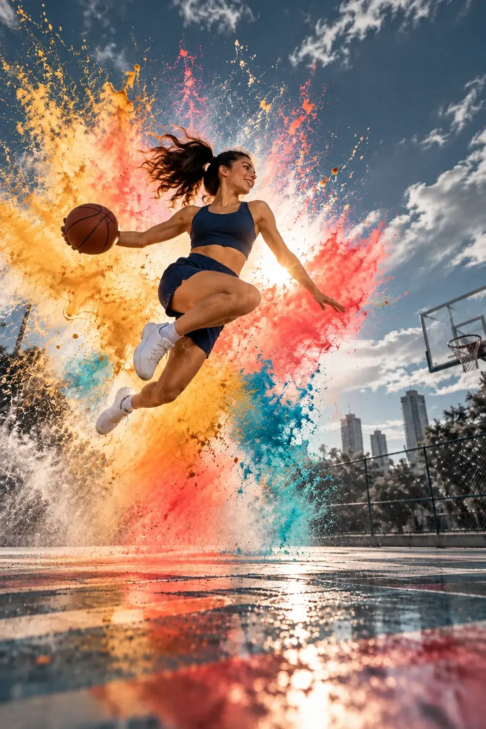 A basketball player mid-jump.