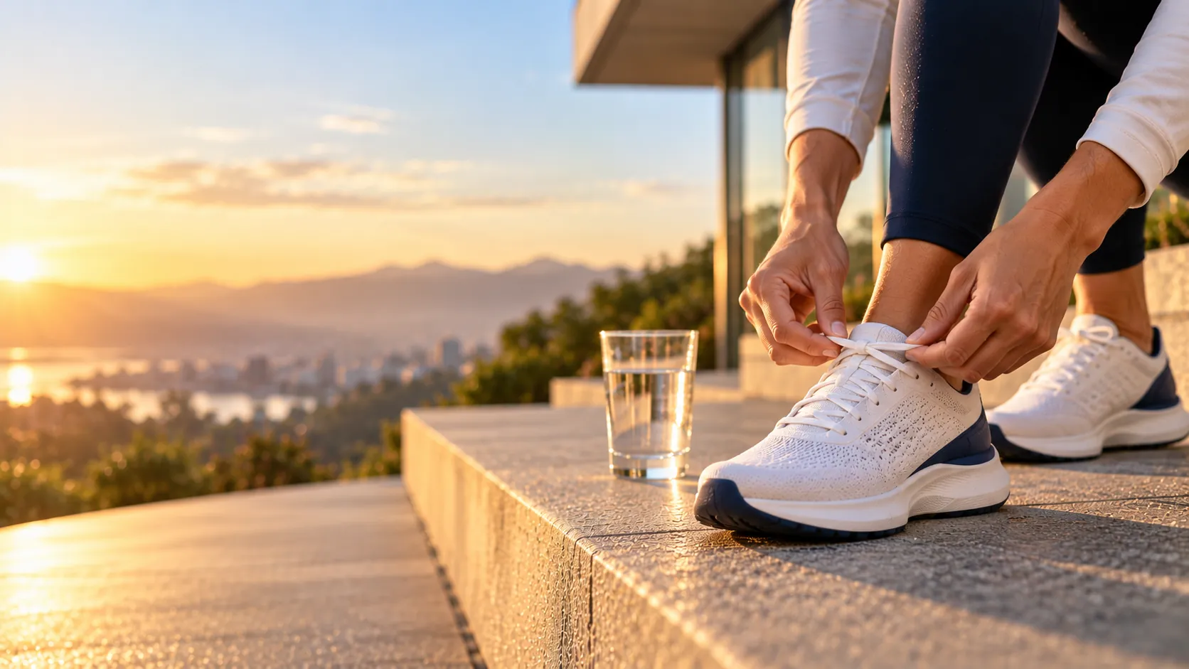 Hands tying the laces of sneakers at sunrise