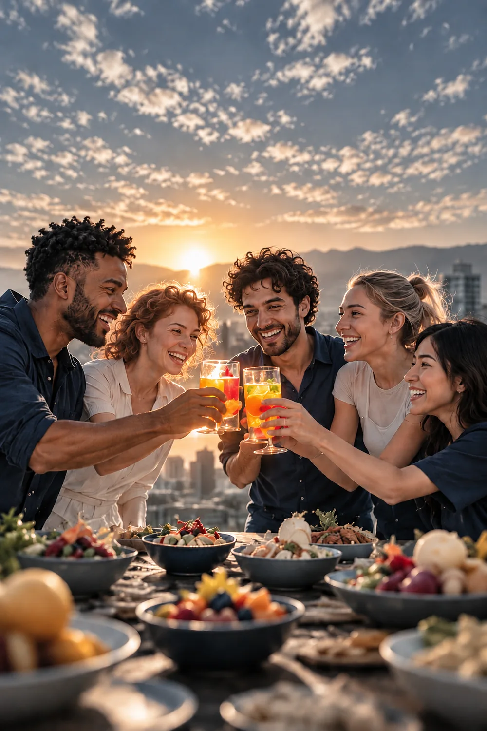 A group of people sharing a table at sunset.
