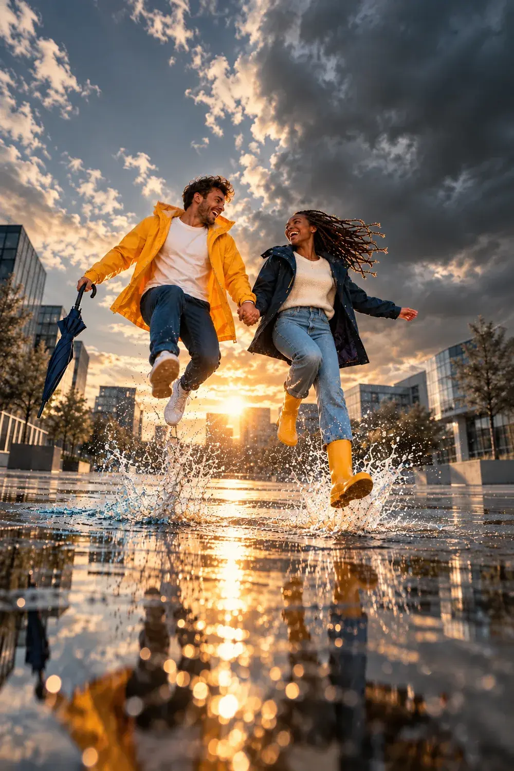 A couple jumping over puddles under a cloudy sky.