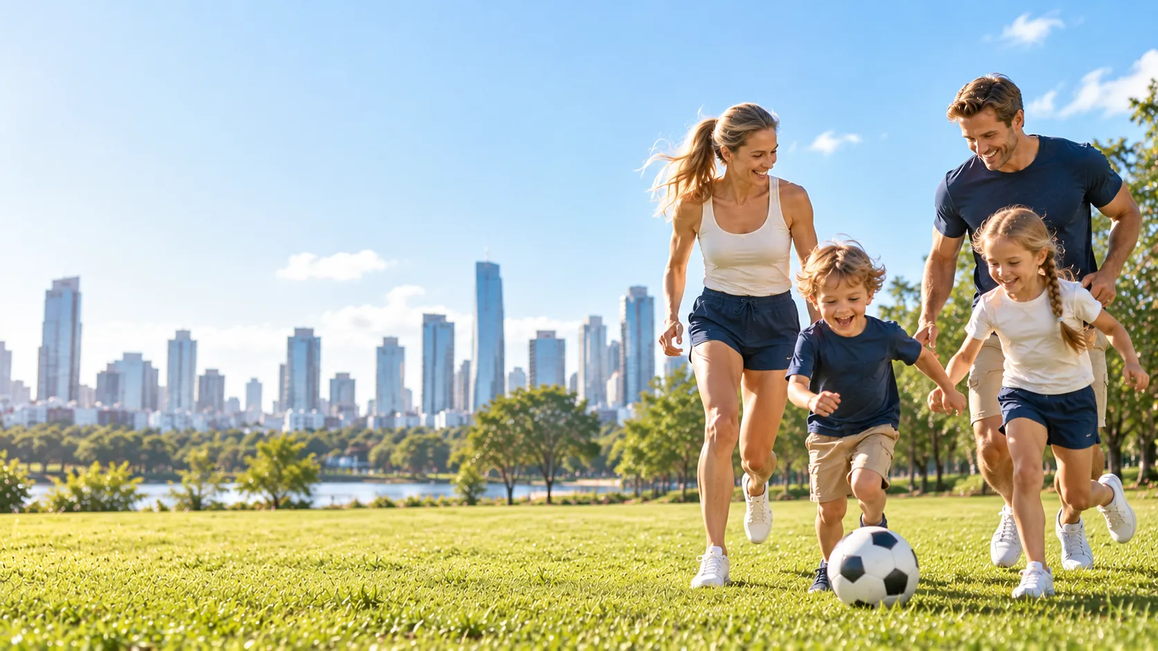 A family playing soccer in a park