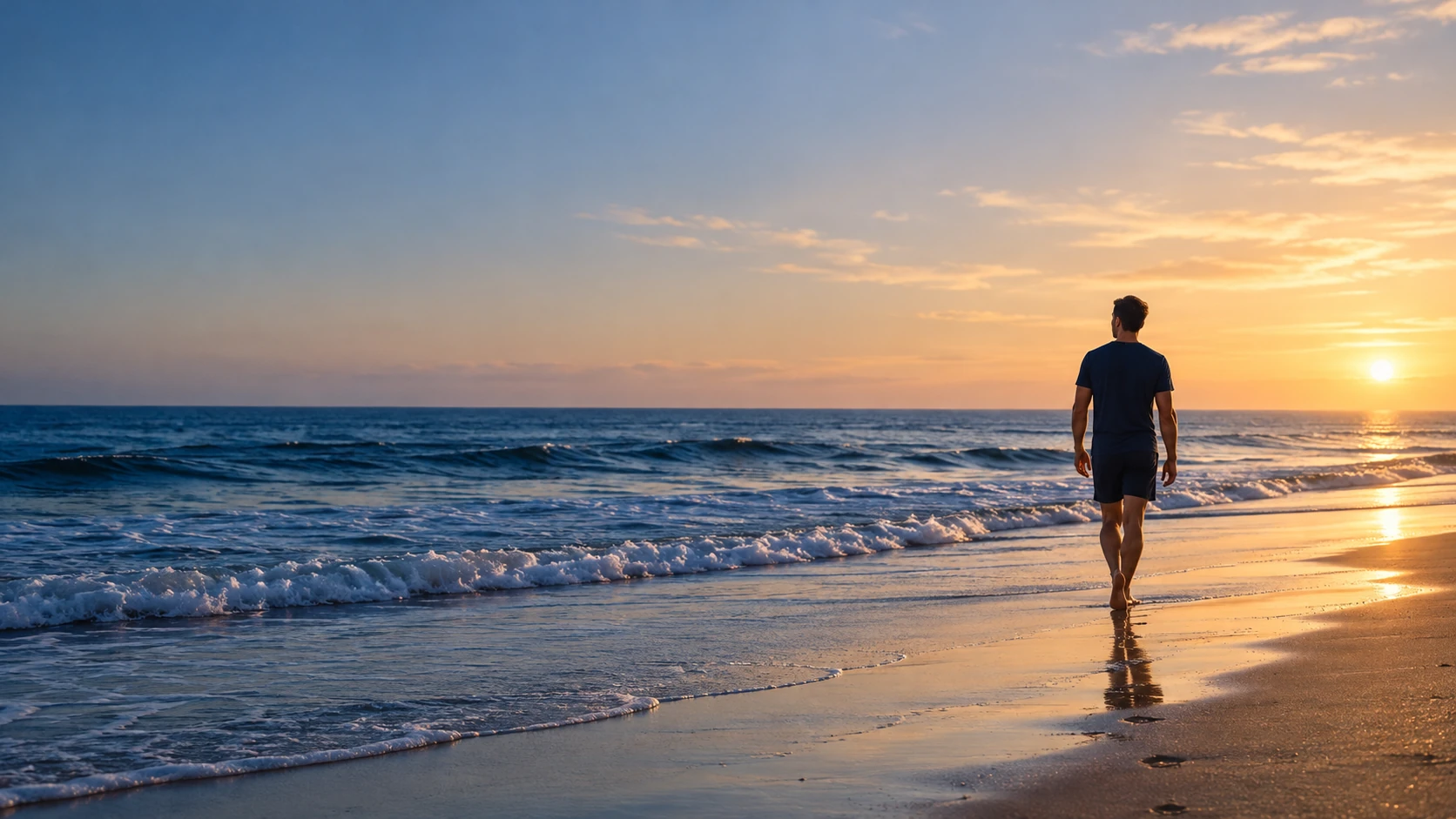 Person walking along a coastline at dawn