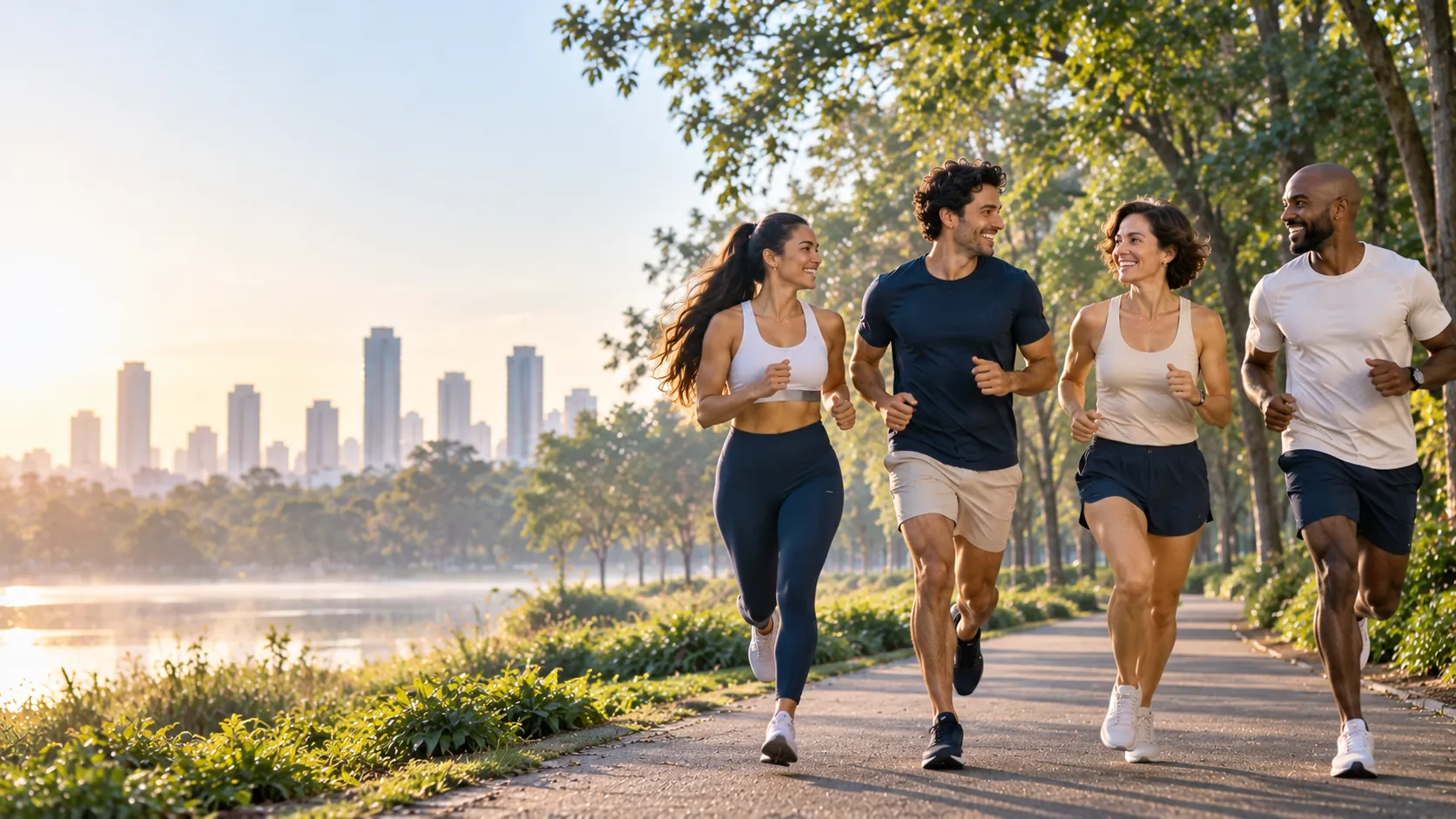 Four people running together in an urban park