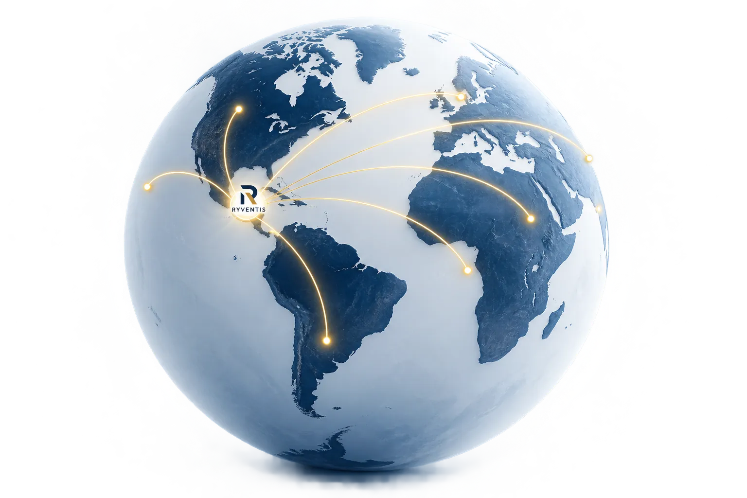 Globe with the Ryventis logo and golden lines connecting to different continents